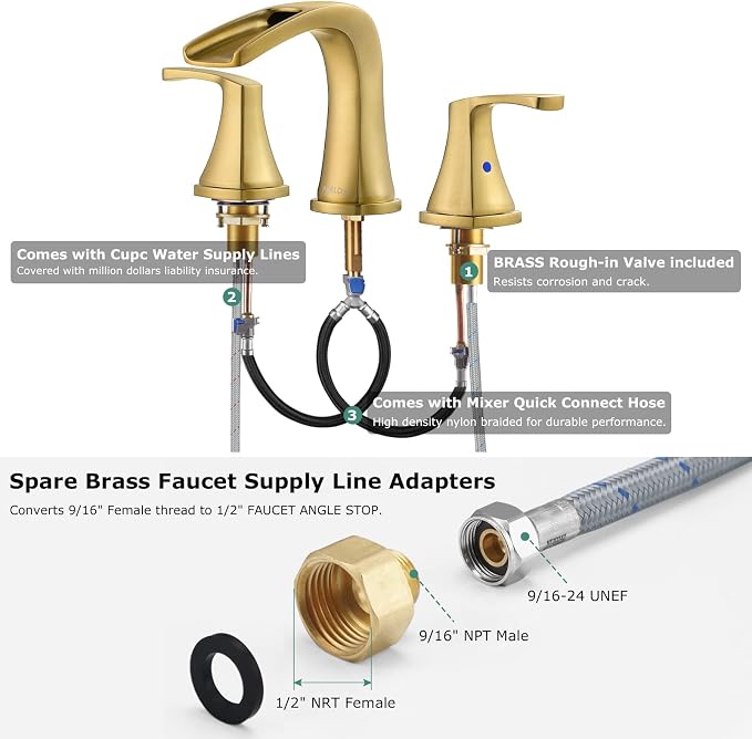 Waterfall 2 Handle Widespread Roman Tub Faucet Brushed Gold | 3 Hole Deck Mount Bathtub Filler with Valve & Supply Lines