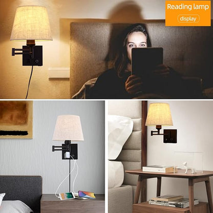Bedside Wall Mount Light with Dimmable Switch and Outlet, Swing Arm Fabric Shade Wall Sconce Light with USB Port and Plug in Cord, Black Wall Lamp for Bedroom, Living Room and Hotel