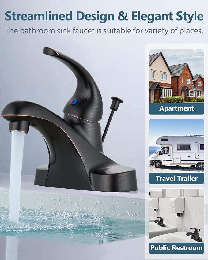 4-Inch Centerset Bathroom Sink Faucet with Drain, Bronze | Single-Handle Vanity Faucet with Lift Rod Drain, 24-Inch Supply Lines, 1.2 GPM, 3-Hole Deck Mount, Easy Installation