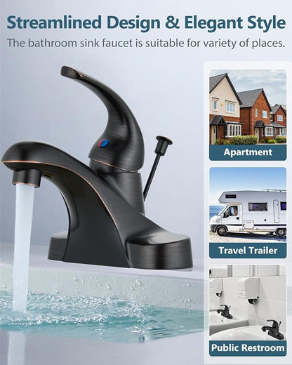 4-Inch Centerset Bathroom Sink Faucet with Drain, Bronze | Single-Handle Vanity Faucet with Lift Rod Drain, 24-Inch Supply Lines, 1.2 GPM, 3-Hole Deck Mount, Easy Installation