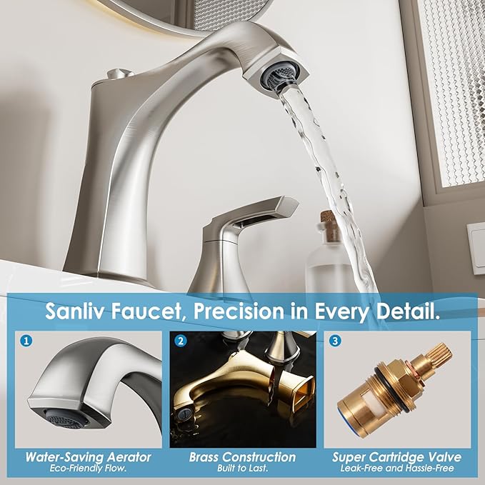 Brushed Nickel Bathroom Faucet 3 Hole, 8-Inch Widespread Bathroom Faucet, 2 Handle Bathroom Sink Faucet, Drain Assembly, Brushed Nickel