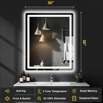LED Bathroom Mirror with Lights, 30"x36" Lighted Vanity Mirror for Wall | Anti-Fog, Dimmable 3 Color Light, Backlit+Frontlit, Shatterproof Tempered Glass, Memory Function
