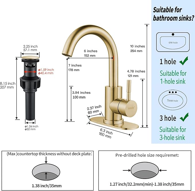 Bathroom Sink Faucet Single Hole Brushed Gold, Modern Single Handle Bathroom Faucet Commercial Stainless Steel Bar Faucet (Brushed Gold, with Drain)
