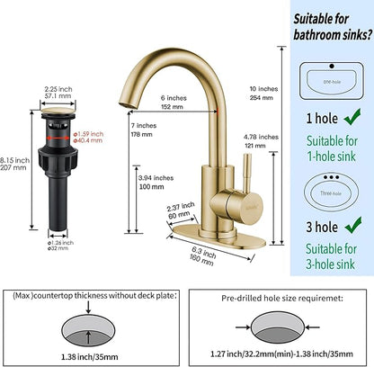 Bathroom Sink Faucet Single Hole Brushed Gold, Modern Single Handle Bathroom Faucet Commercial Stainless Steel Bar Faucet (Brushed Gold, with Drain)