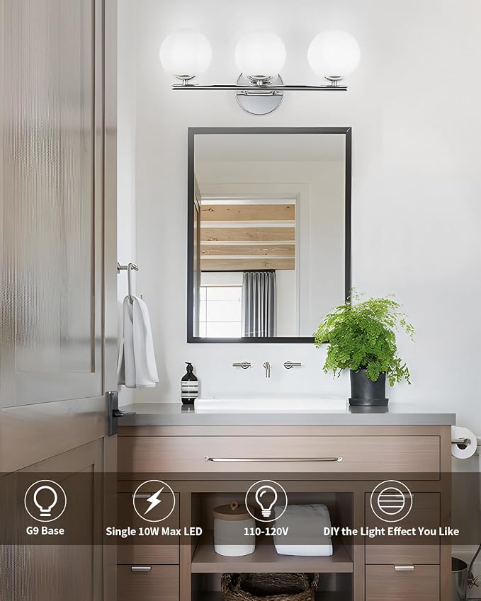foucasal Chrome 3-Light Globe Bathroom Vanity Light Fixture Over Mirror | G9 Socket, Plastic Milk Globe Shades, 4.72" Base, 10W Max, Adjustable Up/Down Light, Mid Century Style for Bathroom Bedroom
