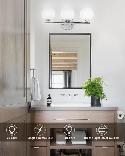foucasal Chrome 3-Light Globe Bathroom Vanity Light Fixture Over Mirror | G9 Socket, Plastic Milk Globe Shades, 4.72" Base, 10W Max, Adjustable Up/Down Light, Mid Century Style for Bathroom Bedroom