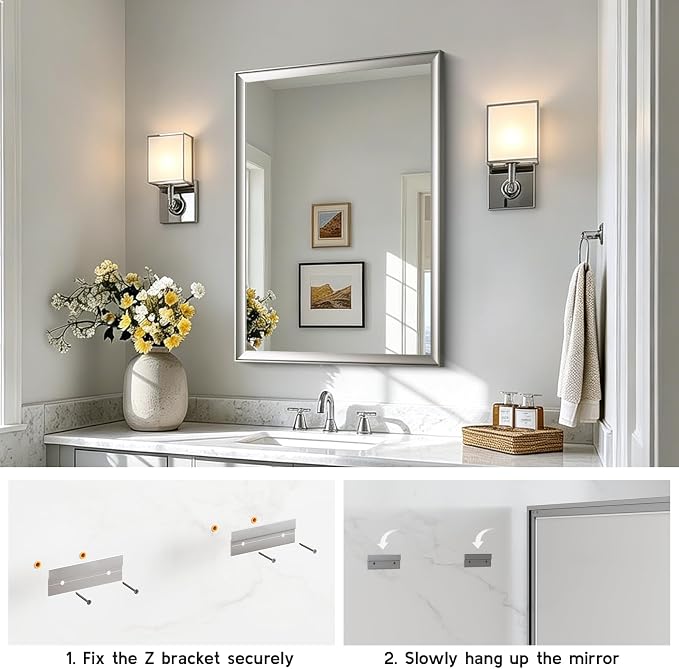 Brushed Nickel Bathroom Mirrors for Over Sink 30x40 Inch | Silver Rectangle Vanity Mirror, Wall Decor for Bedroom, Entryway, Living Room, Aluminum Framed, Curved Wide Edge, Anti-Rust