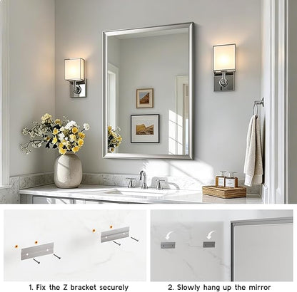 Brushed Nickel Bathroom Mirrors for Over Sink 30x40 Inch | Silver Rectangle Vanity Mirror, Wall Decor for Bedroom, Entryway, Living Room, Aluminum Framed, Curved Wide Edge, Anti-Rust