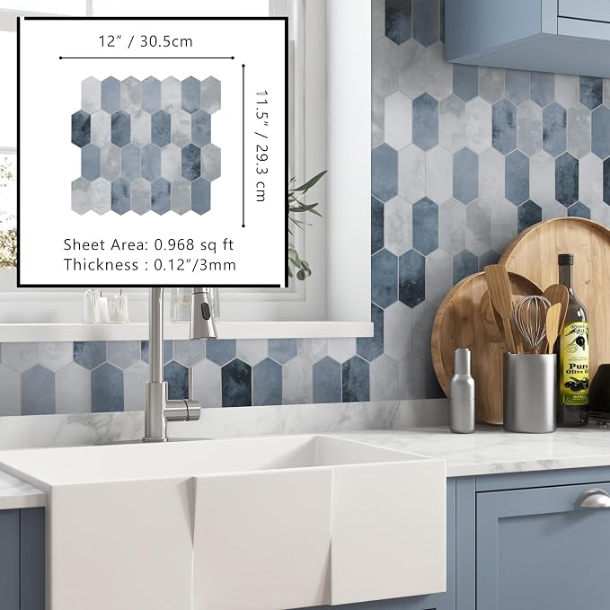 The Tiles Plaza 10-Sheet Peel and Stick Backsplash, 12" x 11.5" Blue Cement Long Hexagon Self-Adhesive Wall Tile, Stone Composite Stick On Decorative Mosaic Tile for Kitchen Bathroom Fireplace