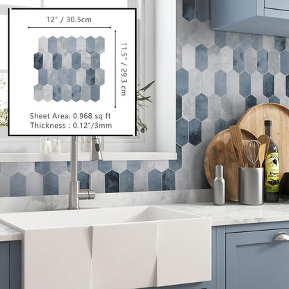 The Tiles Plaza 10-Sheet Peel and Stick Backsplash, 12" x 11.5" Blue Cement Long Hexagon Self-Adhesive Wall Tile, Stone Composite Stick On Decorative Mosaic Tile for Kitchen Bathroom Fireplace