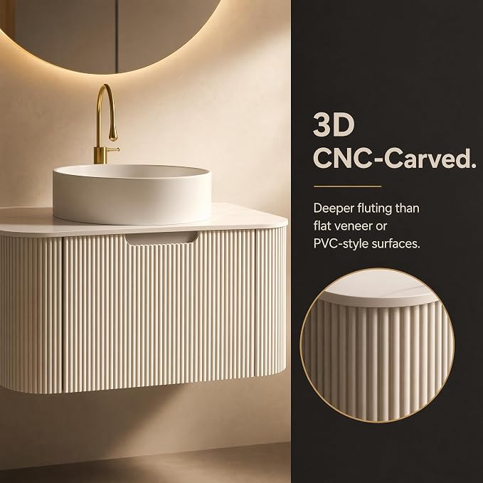 30 Inch Bathroom Vanity with Sink, Floating Wall Mounted Single Sink Vanity, White Curved Fluted Front, Stone Top, Pure White Round Vessel Basin, Pre-Assembled