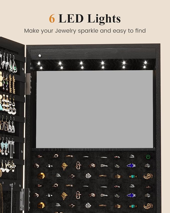 LVSOMT LED Jewelry Cabinet Standing, 360° Swivel Jewelry Armoire, Black | Full Length Mirror with Storage, 3 Rear Shelves, Internal Mirror, 3 Color Lights, Lockable for Bedroom, Women Girls Gift