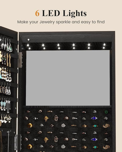 LVSOMT LED Jewelry Cabinet Standing, 360° Swivel Jewelry Armoire, Black | Full Length Mirror with Storage, 3 Rear Shelves, Internal Mirror, 3 Color Lights, Lockable for Bedroom, Women Girls Gift