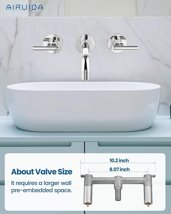 Airuida Wall Mounted Bathroom Sink Faucet,Chrome Polish Vanity Sink Faucet | Lever Handle,3 Holes,360° Widespread Swivel Spout,Rotatable Bathroom Faucet