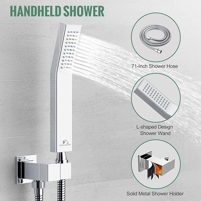 SunCleanse Rainfall Shower System Polished Chrome Ceiling Mounted Shower System Combo Set with High Pressure 12 Inches Square Rain Shower Head Handheld and Shower Faucet Rough-in Mixer Valve and Trim