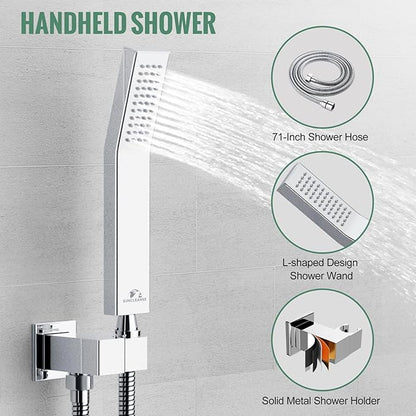 SunCleanse Rainfall Shower System Polished Chrome Ceiling Mounted Shower System Combo Set with High Pressure 12 Inches Square Rain Shower Head Handheld and Shower Faucet Rough-in Mixer Valve and Trim