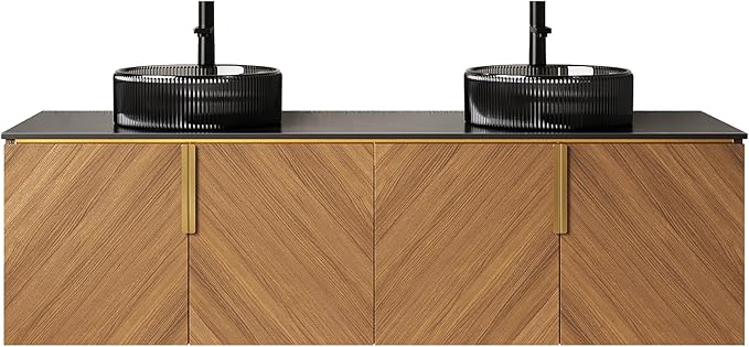 60" Double Sink Bathroom Vanity with Sink Combo, Floating Vanity with Vessel Sink, Wall-Mounted Plywood Bathroom Vanity Storage Cabinet with 4 Doors & 2 Glass Basin, Brown Oak