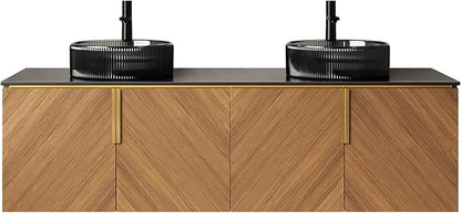 60" Double Sink Bathroom Vanity with Sink Combo, Floating Vanity with Vessel Sink, Wall-Mounted Plywood Bathroom Vanity Storage Cabinet with 4 Doors & 2 Glass Basin, Brown Oak