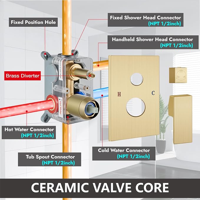 Midanya Shower System with Tub Spout,8 Inch Shower Head,Brushed Gold | with Valve & Trim Kit,Square Rain Head,Handheld Sprayer,Waterfall Spout,All Metal Wall Mount Bathroom Shower Tub Faucet Set