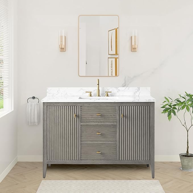 HOMEBEYOND 48" Bathroom Vanity with Sink, Solid Wood Bathroom Vanity Free-Standing Cabinet, Drawers, Ceramic Top & Soft Closing Door, Golden Brushed Handware, Driftwood Gray