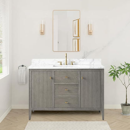 HOMEBEYOND 48" Bathroom Vanity with Sink, Solid Wood Bathroom Vanity Free-Standing Cabinet, Drawers, Ceramic Top & Soft Closing Door, Golden Brushed Handware, Driftwood Gray
