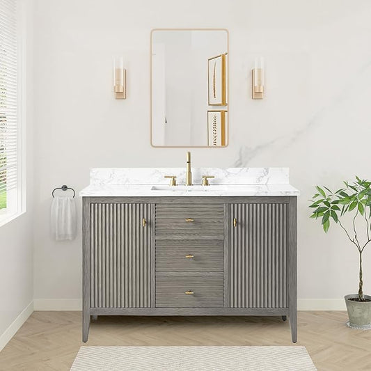 HOMEBEYOND 48" Bathroom Vanity with Sink, Solid Wood Bathroom Vanity Free-Standing Cabinet, Drawers, Ceramic Top & Soft Closing Door, Golden Brushed Handware, Driftwood Gray