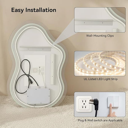 Irregular Wall Mirror 24 x 36 Inch, Lighted Mirrors for Bathroom Wall, Asymmetrical LED Mirror for Bathroom with Anit-Fog, Dimmable, Memory Function (Horizontal/Vertical)