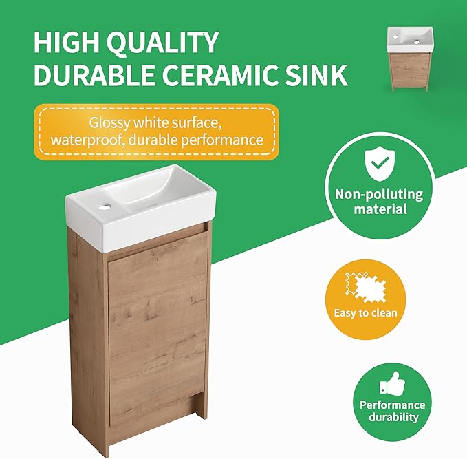 16" Bathroom Vanity with Sink & Storage, Freestanding Vanity Cabinet for Small Bathrooms, Modern 1-Door Floor-Mounted Design, Bathroom Sink Combo Furniture (Light Brown)
