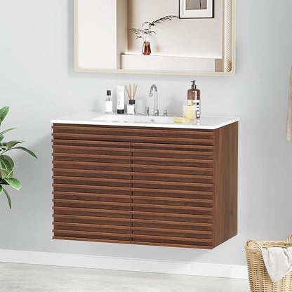 ROOMTEC 36" Bathroom Vanity with Ceramic Sink Combo, Mid-Century Wall Mounted Floating Bathroom Vanity Cabinet with 2 Closing Doors, Wood Grain Texture, Walnut