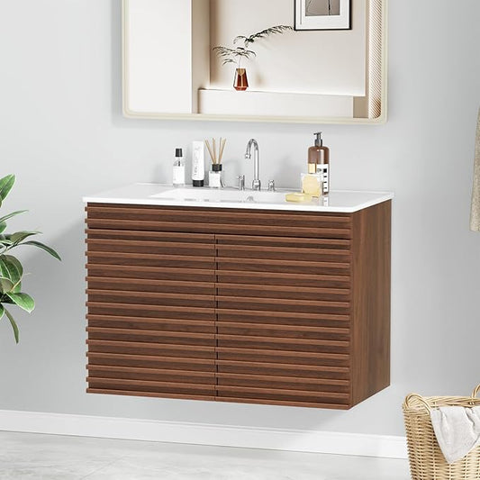ROOMTEC 36" Bathroom Vanity with Ceramic Sink Combo, Mid-Century Wall Mounted Floating Bathroom Vanity Cabinet with 2 Closing Doors, Wood Grain Texture, Walnut
