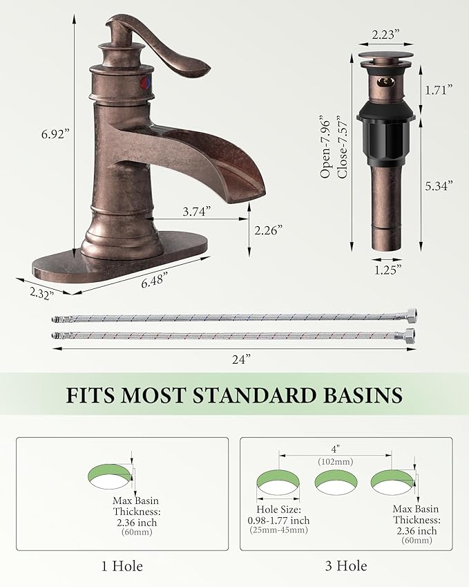Homevacious Bathroom Faucet Copper Waterfall Bathroom Sink Faucets with Single Handle Rustic Vanity Farmhouse RV Faucet Suitable for 1 or 3 Holes with Pop-up Drain Deck Plate Hose