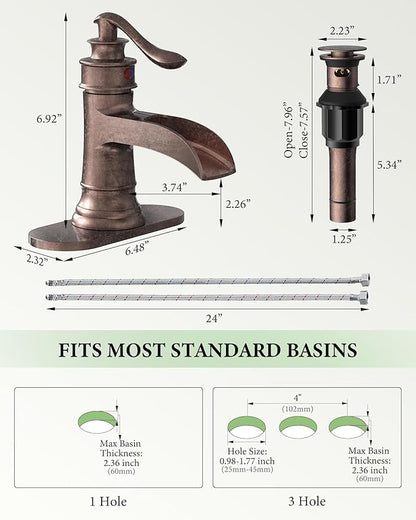 Homevacious Bathroom Faucet Copper Waterfall Bathroom Sink Faucets with Single Handle Rustic Vanity Farmhouse RV Faucet Suitable for 1 or 3 Holes with Pop-up Drain Deck Plate Hose