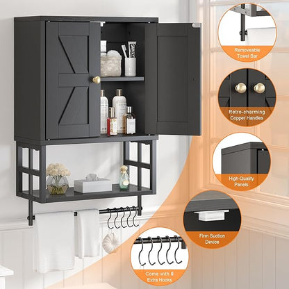 Farmhouse Medicine Cabinet - 3-Tier Wall Mounted Storage Organizer with Adjustable Shelves, Towel Bar, 5 Hooks for Small Bathroom, Laundry Room, Over Toilet, Living Room, Bedroom (Black)