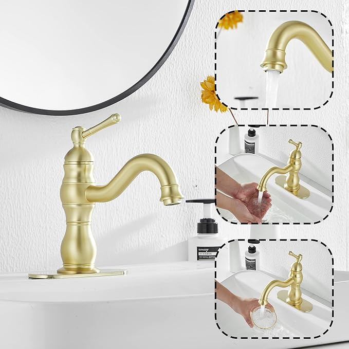 Bathroom Faucet Brushed Gold GGStudy 360° Swivel Bathroom Vanity Faucet Single Handle One Hole Bathroom Sink Faucet Basin Matching Pop Up Drain with Overflow
