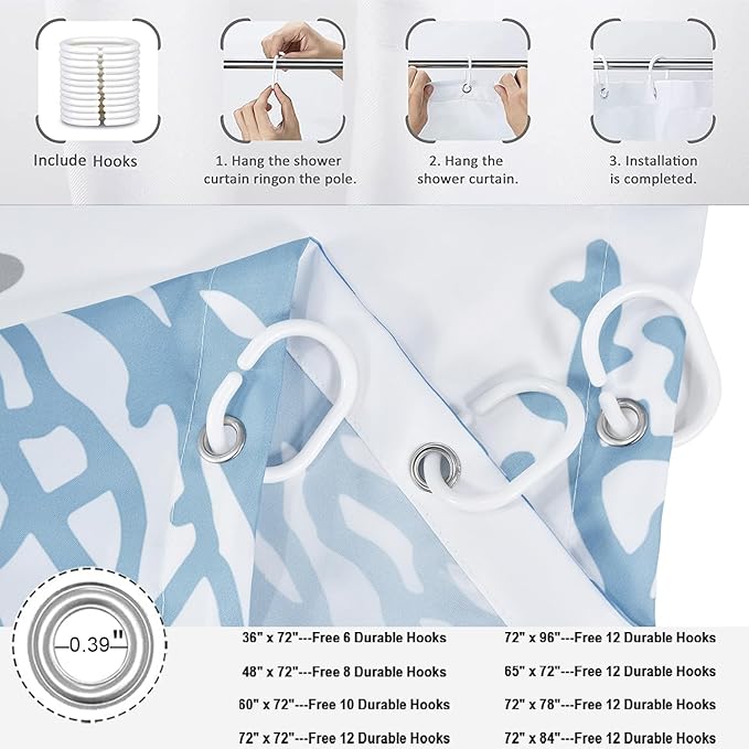 Nautical Coastal Shower Curtain, Blue Ocean Beach Seashell Starfish Themed Bathroom Curtain Waterproof Fabric Machine Washable with Hooks, 36" Wx72 L