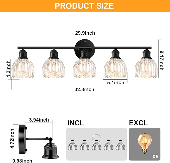 Bathroom Light Fixtures, 5-Light Brushed Black Vanity Lights for Bathroom with Clear Tulip Glass Shade, 30" Vintage Bathroom Vanity Lighting Fixtures Over Mirror for Bedroom Living Room Hallway