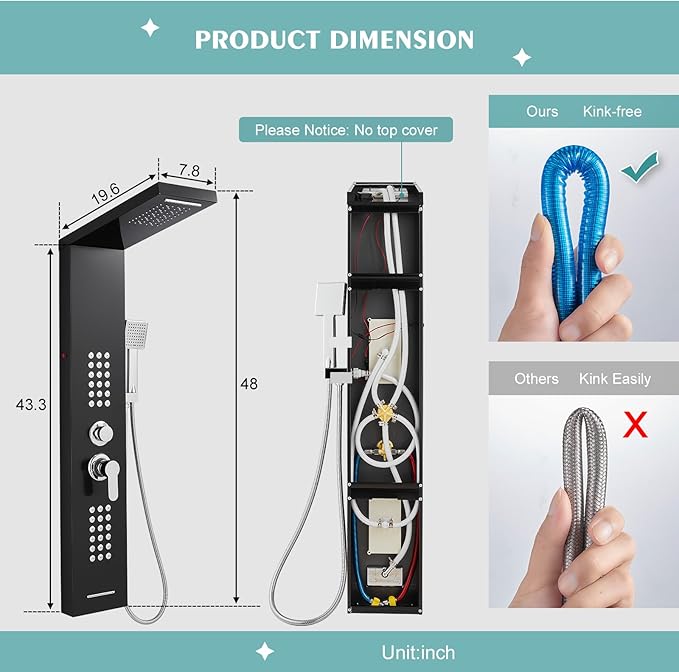 LED Shower Panel Tower System Black with Rainfall Waterfall Shower Head, 5-in-1 Shower Tower with Powerful Body Jets, Handheld Shower and Tub Spout, High Pressure Shower Column Stainless Steel