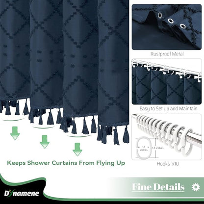 Stall Boho Shower Curtain Tufted Geometric 60"x72" Navy Blue | 60 Inch Wide, Elegant Tassel, Lightweight Textured Fabric, Water Repellent, Washable, for Narrow Bathroom/Dorm 10 Hooks