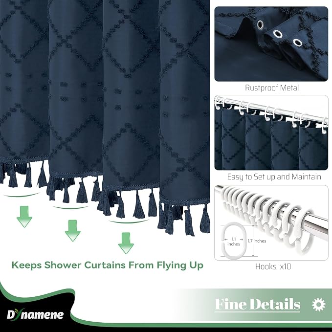 Stall Boho Shower Curtain Tufted Geometric 54"x78" Navy Blue | 54 x 78 inch Long, Elegant Tassel, Lightweight Textured Fabric, Water Repellent, Washable, for Narrow Bathroom/Dorm 10 Hooks