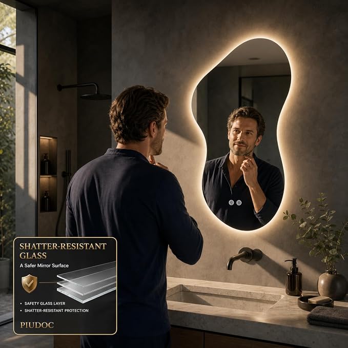 Irregular Led Bathroom Mirror with Lights 23x36 Inch, Backlit Asymmetrical Led Bathroom Mirror for Wall, Lighted Vanity Mirror with Lights, Anti-Fog, Dimmable 3 Colors, Shatter-Resistant