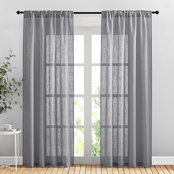 NICETOWN Sheer Curtains 84 inches Long Linen Look for Farmhouse, Rustic Rod Pocket & Back Tab Semi Sheer Window Treatments Balance Light & Privacy for Living Room, 52" Wide, Grey, 2 Panels