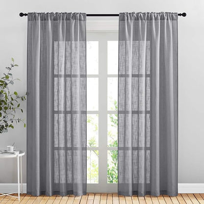 NICETOWN Sheer Curtains 84 inches Long Linen Look for Farmhouse, Rustic Rod Pocket & Back Tab Semi Sheer Window Treatments Balance Light & Privacy for Living Room, 52" Wide, Grey, 2 Panels