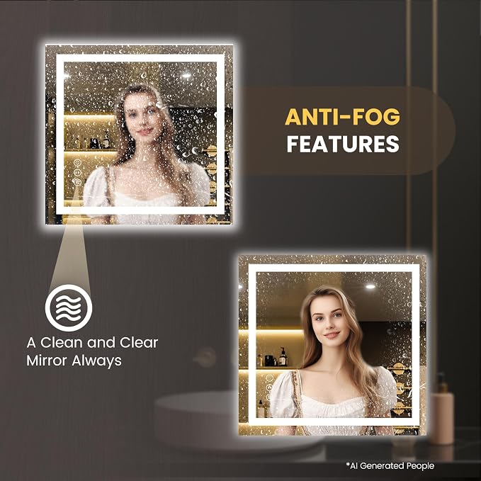LOAAO 36"x34" LED Bathroom Mirror with Lights, UL Listed | Anti-Fog, Dimmable, 3 Color Temperature, Backlit + Front Lit, Memory Function, Tempered Glass