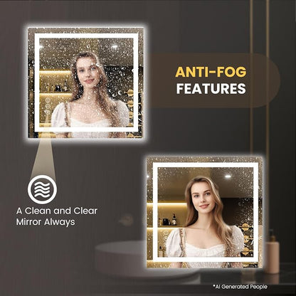 LOAAO 36"x34" LED Bathroom Mirror with Lights, UL Listed | Anti-Fog, Dimmable, 3 Color Temperature, Backlit + Front Lit, Memory Function, Tempered Glass