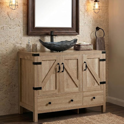 36" Natural Color Bathroom Vanity, Rustic Fixture Standing Pedestal Cabinet with Silver Leaf Sink