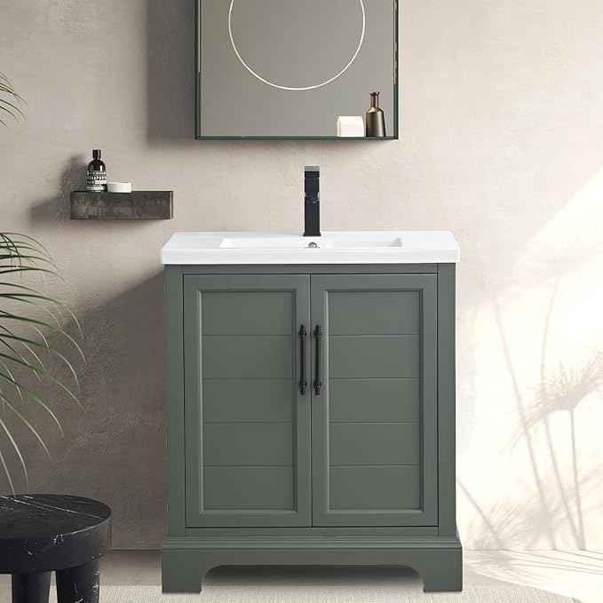 HOMEBEYOND 30 Inch Bathroom Vanity with Single Sink & Ceramic Top, Vanity Cabinet with Center Countertop Basin, Soft-Closing Doors, Vintage Green