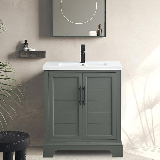 HOMEBEYOND 30 Inch Bathroom Vanity with Single Sink & Ceramic Top, Vanity Cabinet with Center Countertop Basin, Soft-Closing Doors, Vintage Green