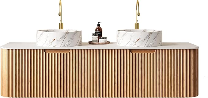 60'' Bathroom Vanities Cabinet with Sink, Wall Mounted Floating Cabinet W/Curved Edges Stripes, Oak Plywood, Soft-close System with 2 Drawer & 2 White Round Ceramic Basin - Kiel, Natural Wood/S