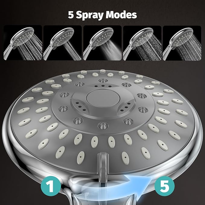 High Pressure Handheld Shower Head for Low Water Pressure Homes | 5 Shower Modes, 1-Min Quick Installation, 59” Stainless Steel Hose, Angle Adjustable Holder, for Kids, Pets, Parents, Family