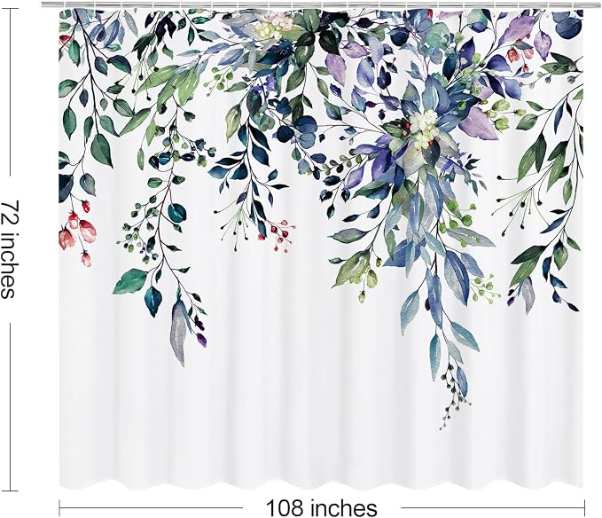 Green Eucalyptus Shower Curtain, Watercolor Floral Print, 108x72 | Watercolor Plant Leaves Floral Print, Extra Wide Waterproof Fabric Bathroom Decor, Machine Washable, Rustproof Grommets